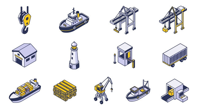Professional Isometric of Maritime and Logistics Equipment with Yellow and Gray Color Scheme with high quality professional line art symbols for modern creative design and digital branding projects