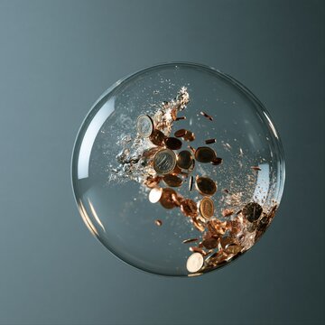 A clear glass globe holds a swirl of copper coins and glittering water droplets on a muted teal background.