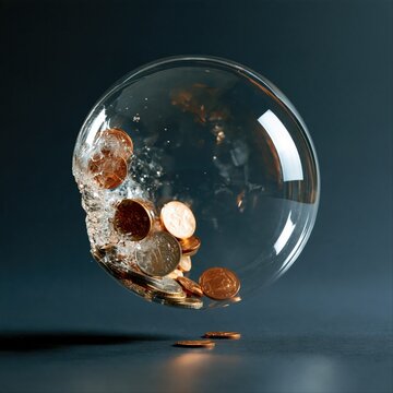 Copper coins spill from the base of a transparent glass sphere onto a dark floor against a deep navy background.