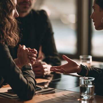 Two women have a serious conversation across a dark wooden table, one gesturing with an open hand and the other with clasped hands.