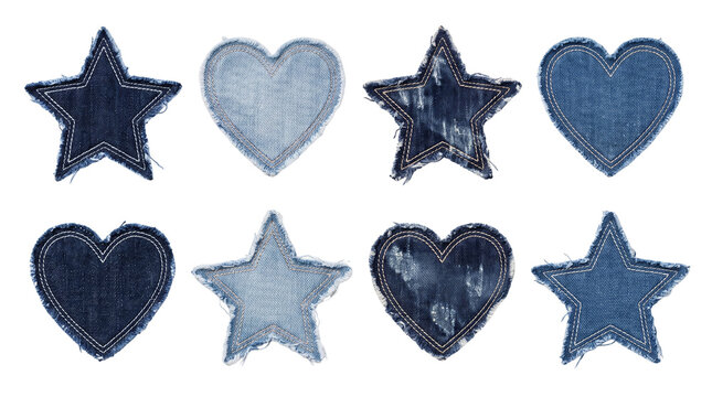 Set of Blue Denim Fabric Heart and Star Shaped Patches with Stitching Details