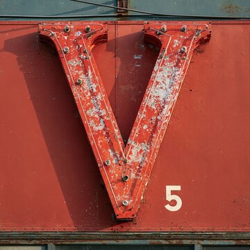 A weathered red metal letter V with bolted rivets and peeling paint sits on a rusty wall beside the number five.