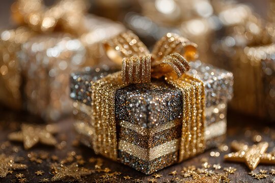 Gift or present boxes and stars confetti on golden table top view. Flat lay composition for birthday, christmas or wedding.