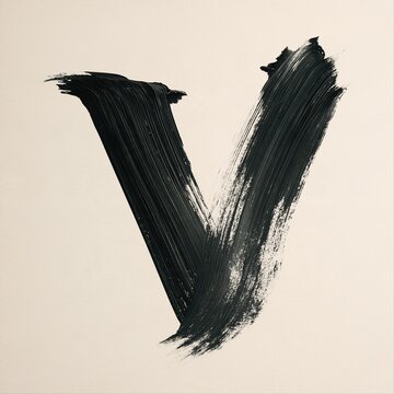 A bold black paint brush stroke forming the letter V against a warm cream background