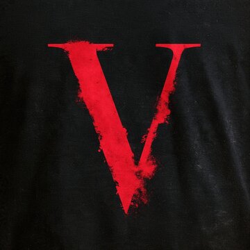 A glossy red letter V printed on a black fabric surface with a distressed grunge texture