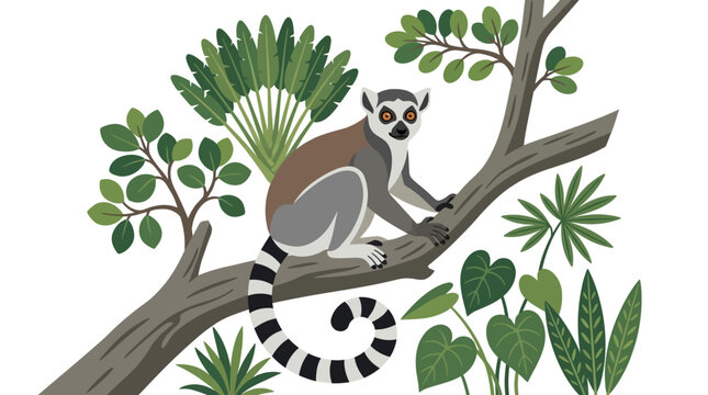 Cute Ring-tailed Lemur Sitting on Tree Branch Surrounded by Lush Green Tropical Leaves, Vector Illustration