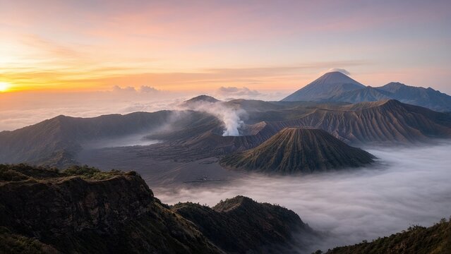 Mount Bromo volcano at sunrise with smoking crater, Batok cone, Semeru peak and sea of mist over the caldera in East Java, Indonesia