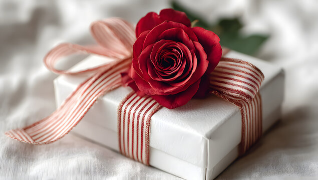 Minimalist flat lay featuring a romantic gift box with striped ribbon and a red rose on a clean white background&mdash;perfect for love, celebration, or gifting visuals