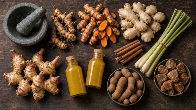 Flat lay of traditional Indonesian jamu herbal drink ingredients with turmeric, ginger, galangal, tamarind, lemongrass, cinnamon, palm sugar and stone mortar on dark wood