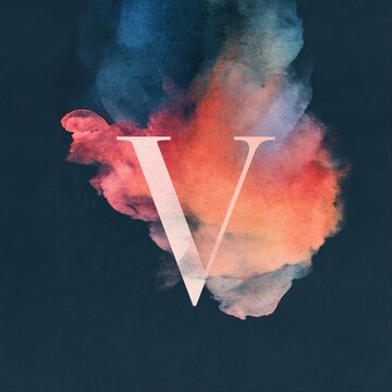 A translucent white letter V overlaid on a watercolor cloud of coral and blue against deep navy