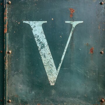 A pale turquoise letter V with flaking paint on a weathered teal metal panel with rivets