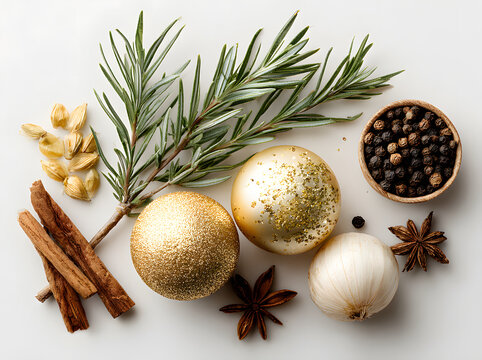 Minimalist Christmas flat lay with a pine branch, gold baubles, and spices on a white background