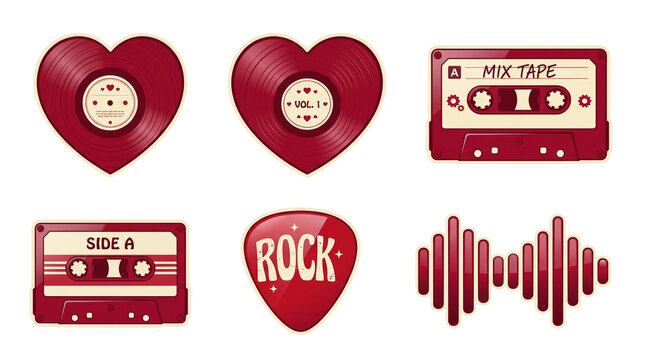 Set of Vintage Red Music Elements Including Vinyl Heart Cassette Tapes and Guitar Pick