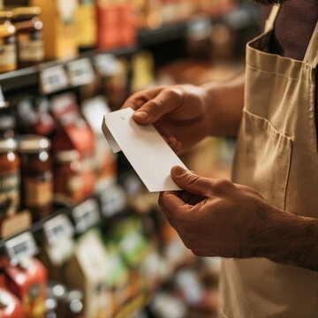 Hands in an apron hold a blank white price tag in front of shelves of jars and bottles in a grocery shop.