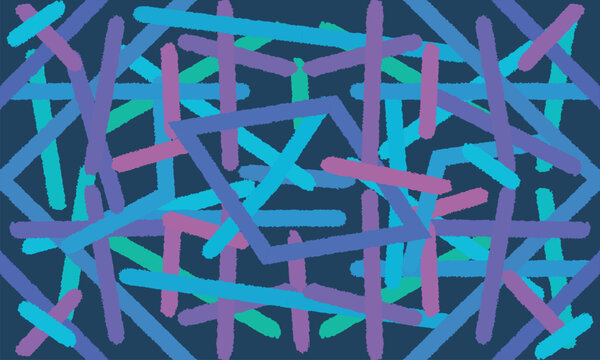 Abstract and geometric composition formed by the random intersection of lines and thick brushstrokes with a slightly rough texture, featuring cool colors set on a navy background