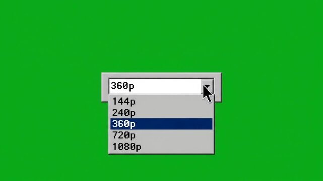 Vintage Video Quality Dropdown Menu Animation Showing Resolution Upgrade from 144p to 1080p with Mouse Cursor on Green Screen