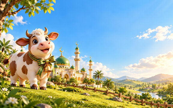 cute cartoon cow character standing in green hill with mosque background
