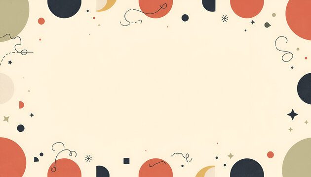 New Year Bauhaus geometric background with red and green shapes, circles, triangles and squiggles on cream, copy space