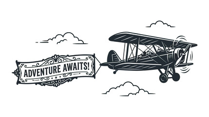 Vintage Biplane Flying with Adventure Banner © elsa