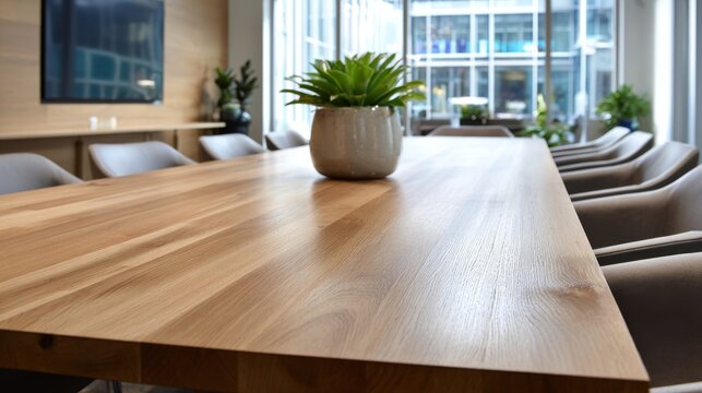 Modern conference room with wooden meeting table and green plant centerpiece, minimalist corporate office interior for business meetings, team collaboration, professional presentations, executive disc