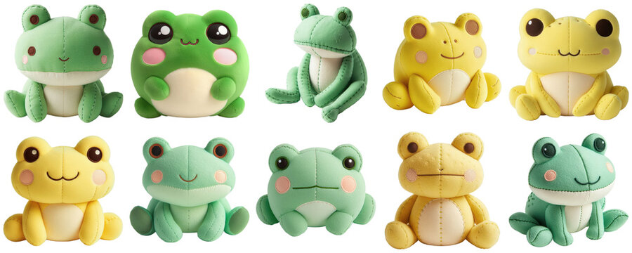 collection of adorable green and yellow plush frog toys, perfect for children's designs, isolated on a transparent background.