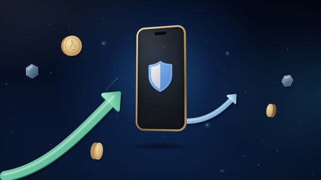 3D animation concept of a generic smartphone displaying a security shield icon with rising growth charts, crypto coins, and financial arrows on a dark blue glowing background