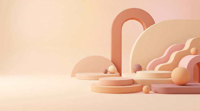 Minimalist 3D studio background with pastel podiums, ceramic arch, wave shapes, and copy space for product display