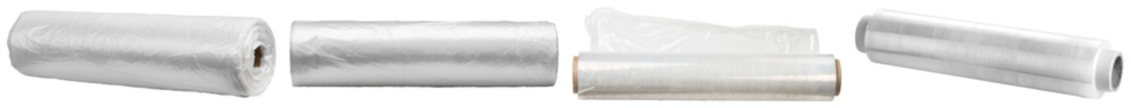 various rolls of transparent plastic film, including shrink wrap and stretch film, isolated on a dark transparent background.