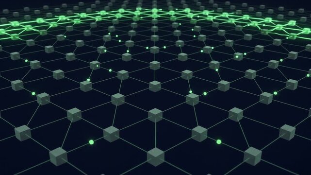 A vast perspective grid of cube nodes igniting with a spreading wave of glowing green energy, symbolizing smart industrial infrastructure, IoT sensor networks, and automated facility monitoring.