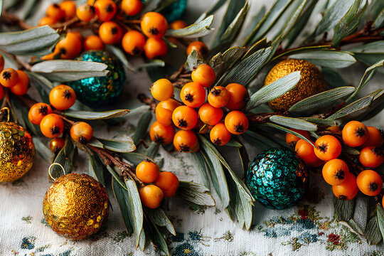 Flat lay with festive arrangement of pine tree branches, common sea buckthorn and Christmas decorations on white tabletop
