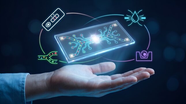 Futuristic lab-on-a-chip technology, microfluidic biochip digital concept, medical diagnostics banner