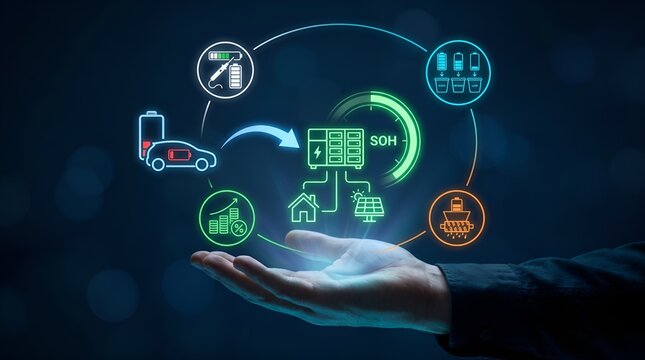 Electric Vehicle Second Life Battery Storage Concept, Sustainable Energy Ecosystem Interface, Glowing EV Recycling Technology