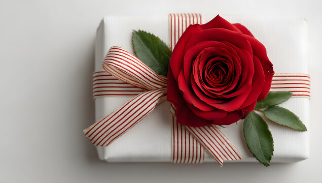 Minimalist flat lay featuring a romantic gift box with striped ribbon and a red rose on a clean white background&mdash;perfect for love, celebration, or gifting visuals