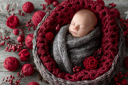 A digital image capturing a newborn with a crochet basket, red handmade roses, and Christmas decorations on a wooden background. It&rsquo;s a flat lay top view with a smooth oil painting finish on the