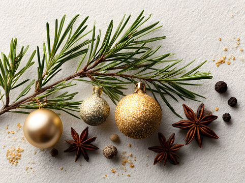 Minimalist Christmas flat lay with a pine branch, gold baubles, and spices on a white background