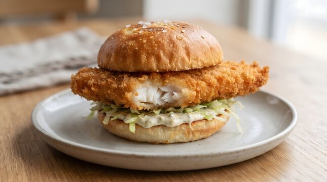 Crispy fried fish burger with a bite on a ceramic plate
