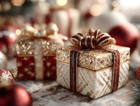 Festive flat lay of diamond jewelry in gift boxes with holidaythemed wrapping paper and decorations