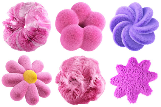 a vibrant collection of plush, furry abstract shapes in soft pink and purple, creating whimsical, fluffy textures.