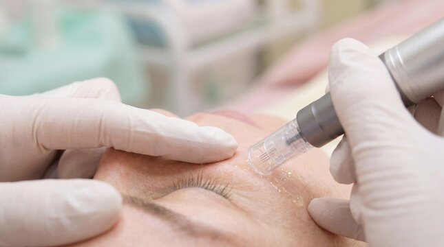Microneedling facial treatment with dermaroller device, aesthetic procedure by dermatologist, professional skincare clinic, medical beauty close up