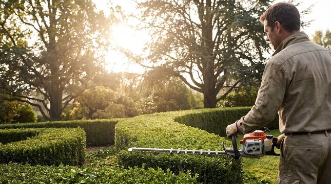 Professional gardener trimming green hedge with gasoline trimmer, working in a sunny suburban backyard during golden hour light, landscape maintenance activity