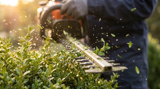 Professional gardener trimming green bush, hedge trimmer cutting leaves in garden, close-up action view with flying foliage