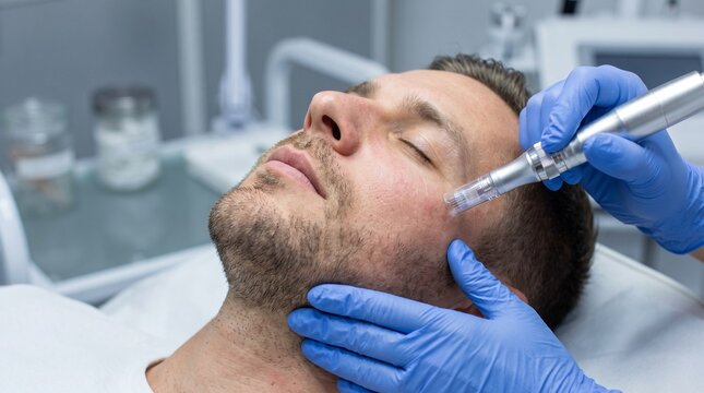 Man receiving microneedle facial treatment, professional aesthetician using dermapen device, dermatology clinic setting, medical beauty procedure