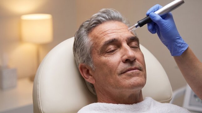 Middle aged man receiving microneedling cosmetic procedure on forehead, dermatological anti aging facial treatment in modern aesthetic clinic, medical spa beauty therapy