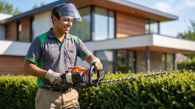 Professional landscaper using gas hedge trimmer, wearing protective face shield and work gloves, trimming green bushes in modern suburban residential garden, daytime landscaping service work