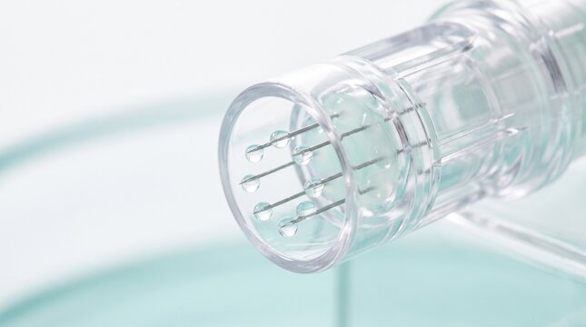 Multi-needle mesotherapy device cartridge with fine microneedles and liquid drops, professional aesthetic medicine procedure, macro studio shot, dermatology and skincare treatment