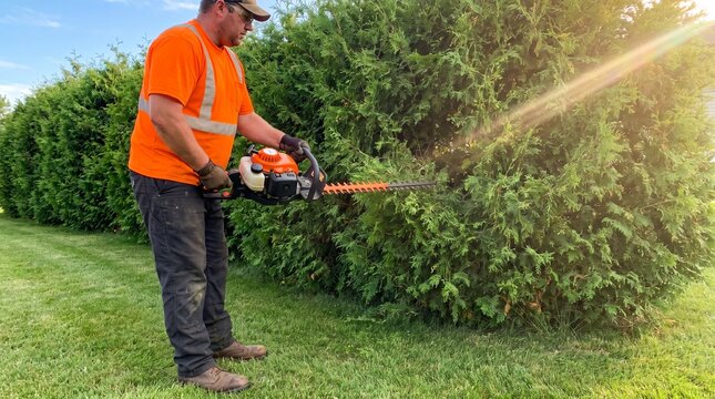 Professional landscaper using gas-powered hedge trimmer, cutting tall green privacy bushes in a residential yard during sunny daylight with lens flare