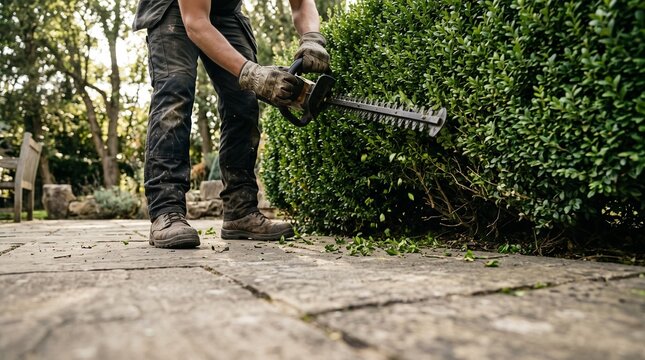 Professional gardener using electric hedge trimmer, cutting green bushes in a backyard garden, landscaping and maintenance work outdoor