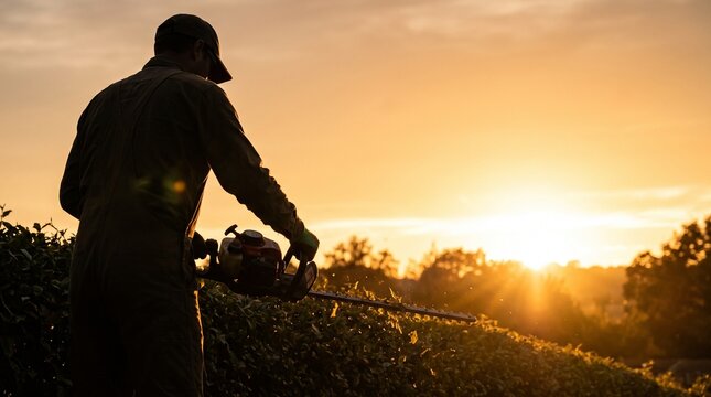 Gardener worker trimming bushes with hedge trimmer, silhouetted silhouette against sunset, working outdoors in garden landscape