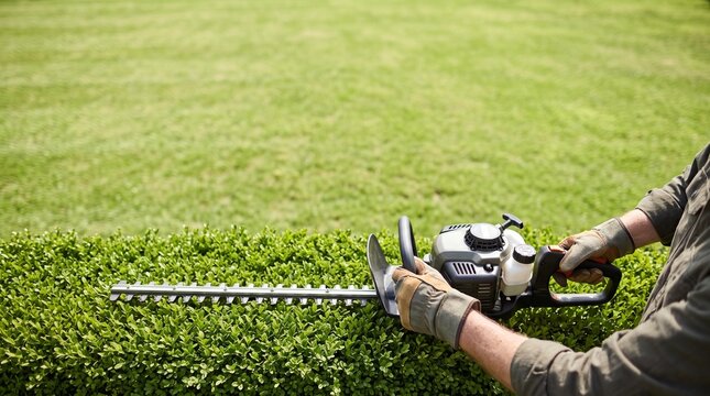 Gardener trimming green hedge with gas powered trimmer, holding sharp blade tool in backyard, professional landscaping work outdoor scene