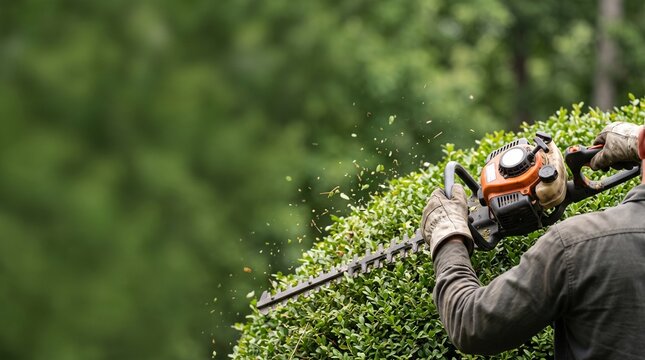 Gardener using gas hedge trimmer shaping green bush, professional yard work in backyard, spring landscaping activity with flying leaves